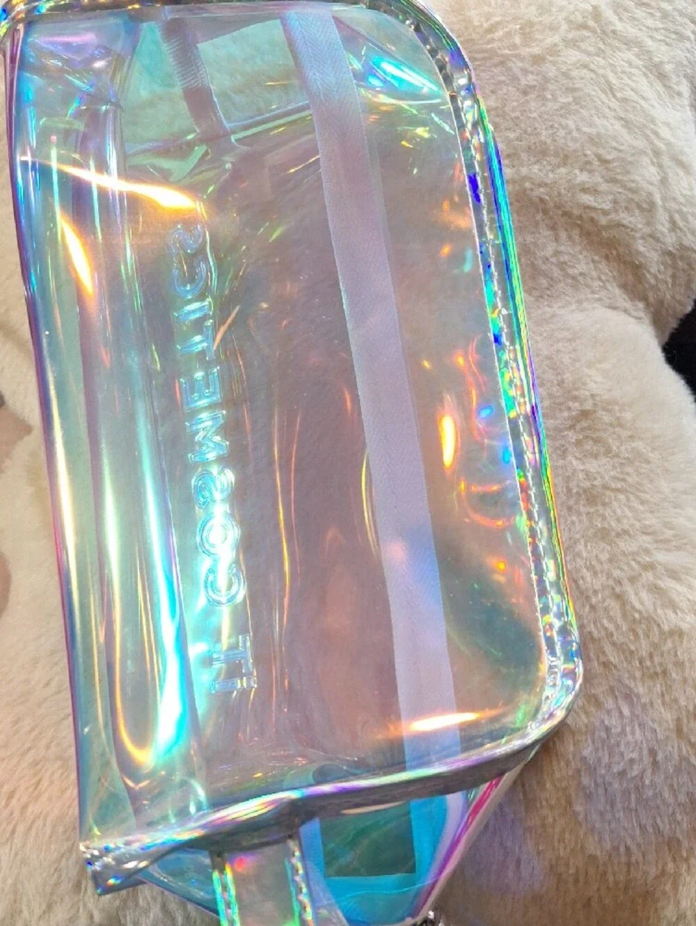 it cosmetics Iridescent Holographic Clear Cosmetic Pouch - Aqua Blue Sheen